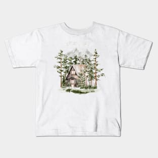 Watercolor Cabin in The Evergreen Forest Kids T-Shirt